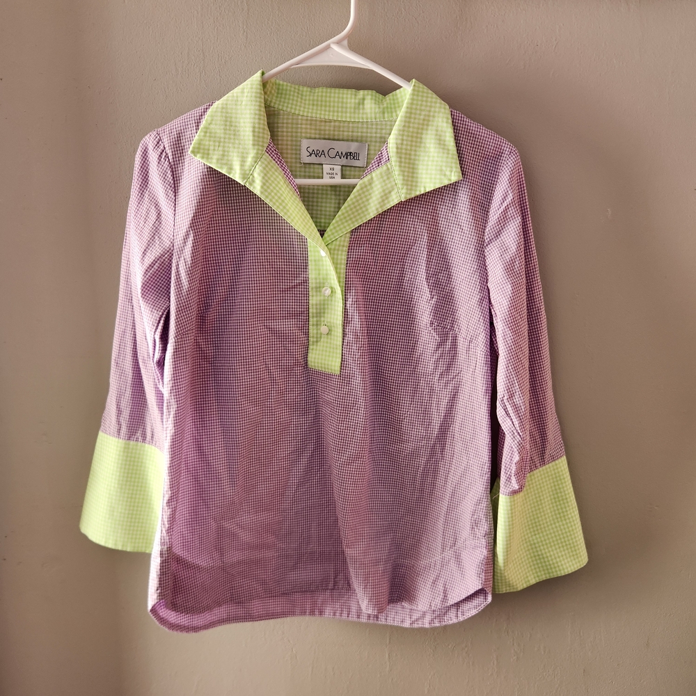 Sara Campbell XS Gigham Cotton Purple Green Blouse 3/4 Sleeve Light Eclectic